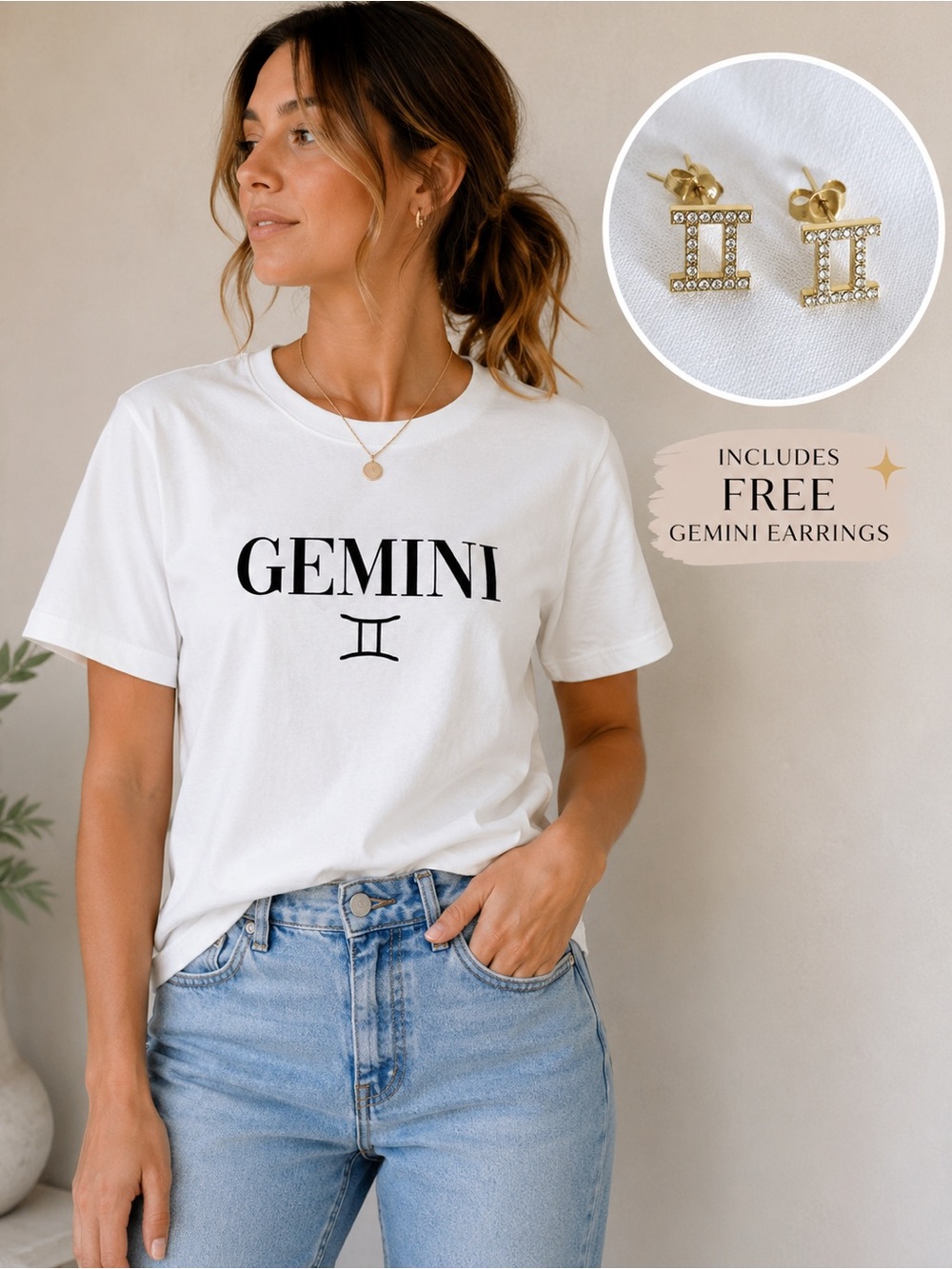 ZARA Gemini Graphic Tee White Zodiac Astrology T-Shirt + FREE Gemini Earrings